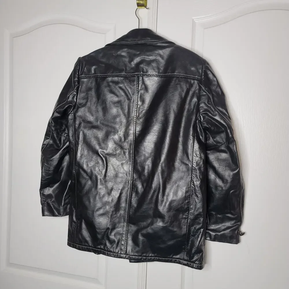 Juilliard Leather Vintage 1970 Lg. Lapel black white stitching Sz 38 Coat Jacket